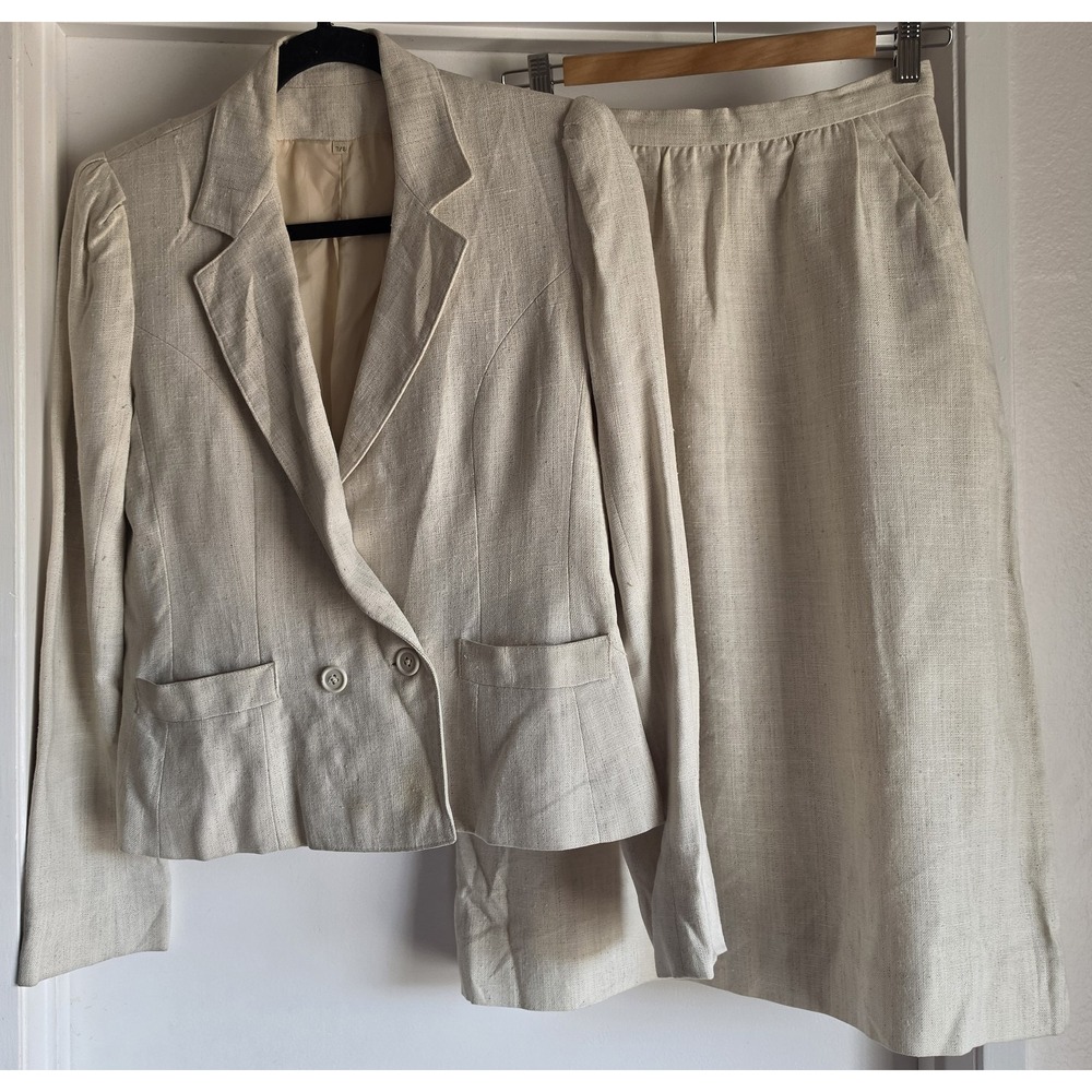 Peabody House Skirt Suit Size 7/8 Beige Long Sleeve Vintage Women Blazer Set